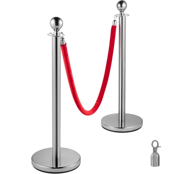 4-Pack Silver Stanchion Set with 5 ft Red Velvet Rope - Crowd Control Barrier for Events&Queues