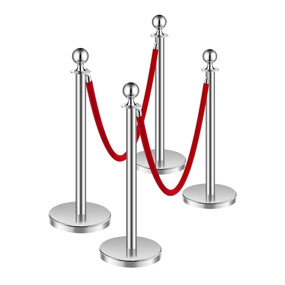 4-Pack Silver Stanchions with Red Velvet Ropes,Hollow Base&Stainless Steel Posts for Crowd Control,Party Supplies,and Event Barriers