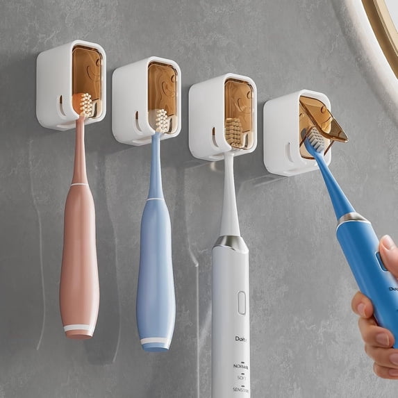 4-Pack Single Slot Toothbrush Holders with Cover - Wall Mounted Waterproof & Dustproof Organizer for Bathroom & Shower, No Drill Adhesive Mount
