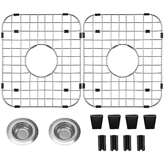 4 Pack Sink Protectors for Kitchen Sink with Center Drain Hole, 13.7"x11.6" Stainless Steel Kitchen Sink Bottom Grid 2pcs with 2pcs Sink Strainers (Silver)