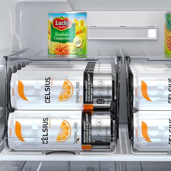 4 Pack Skinny Can Organizer for Refrigerator, Stackable Tall Skinny Soda Pop Can Holder Dispenser with Lid for Fridge Pantry Rack Freezer, Clear Plastic Storage Bins-Holds 12 Slim Cans Each