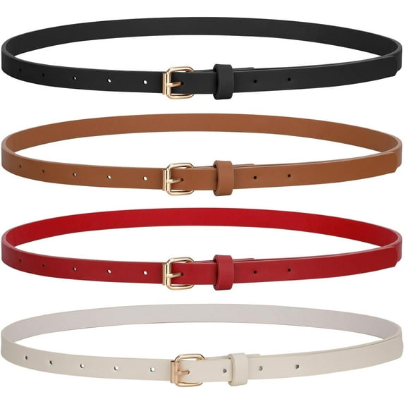 4 Pack Skinny Women Leather Belt for Dresses Thin Waist Belt for Jeans Pants with Gold Buckle