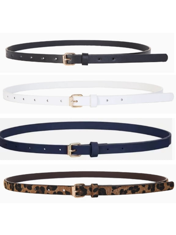 4 Pack Skinny Women Leather Belt for Dresses Thin Waist Belt for Jeans Pants with Gold Buckle