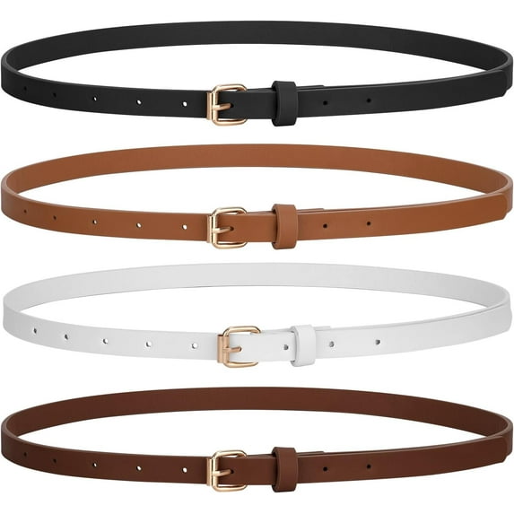 4 Pack Skinny Women Leather Belt for Dresses Thin Waist Belt for Jeans Pants with Gold Buckle