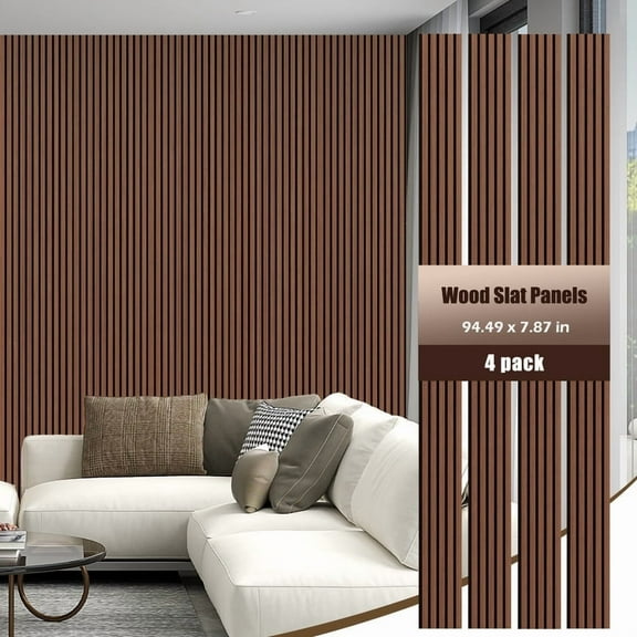 4 Pack Slat Wall Panels 3D Wood Wall Panels Felt Backing, 7.87x94.48 inch Acoustic Panels Sound Absorbing, 3D Wall Panels Decoration for Interior Wall Decor, Sound Proof Felt Panels for Walls, Walnut