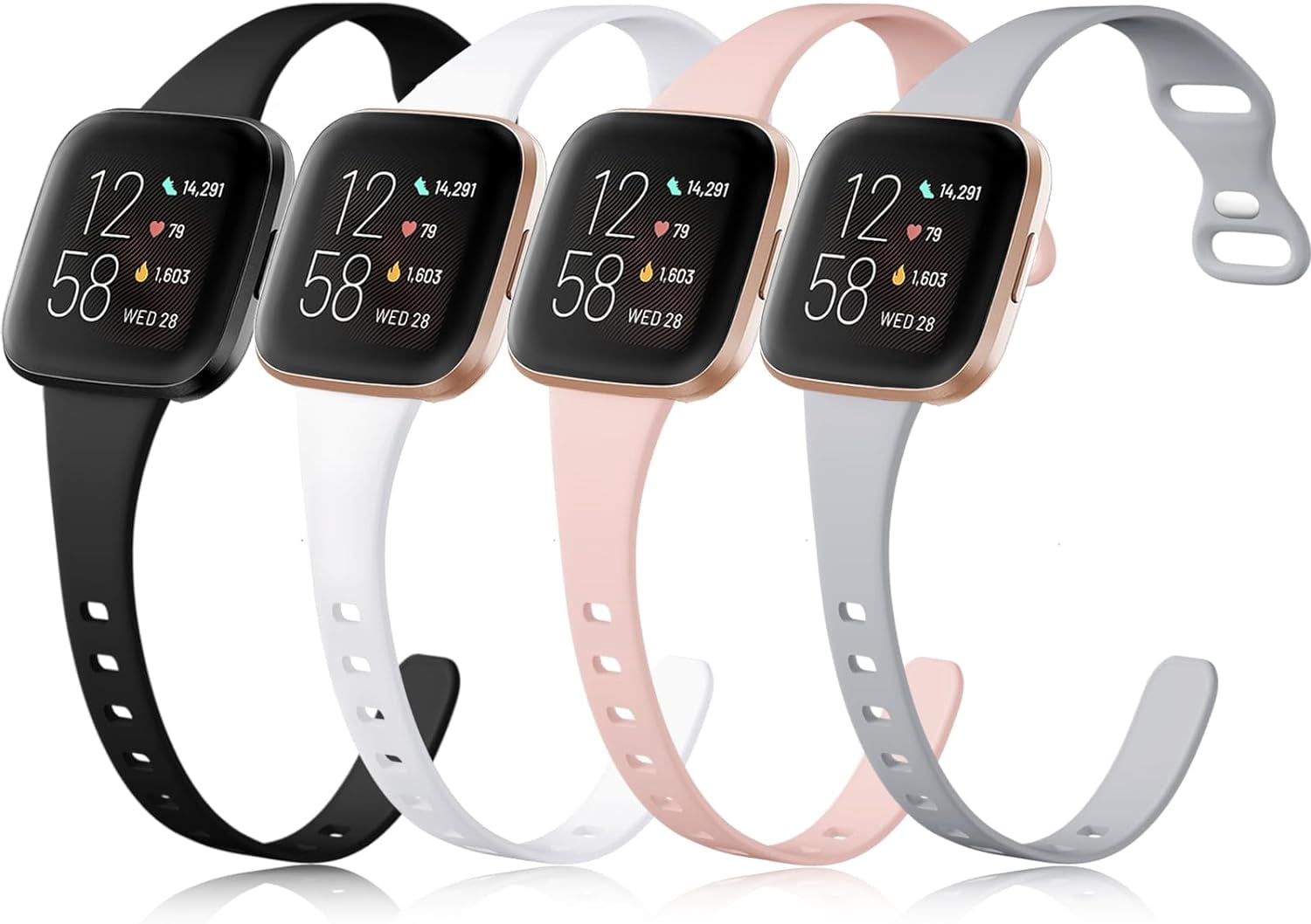 4 Pack Slim Bands Compatible with Fitbit Versa 2/Fitbit Versa/Fitbit Versa Lite/SE, Silicone Replacement Smartwatch Wristband for Women Men(Small, Black/Gray/Pink Sand/White)