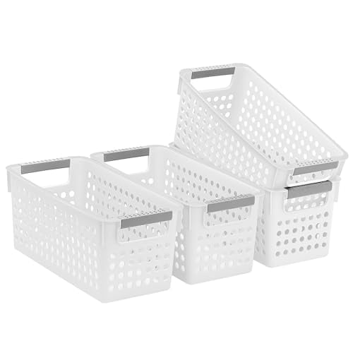 4 Pack Slim Plastic Storage Basket with Handles,Rectangular Storage Bins for Shelves,Narrow Organizer box for Organizing,Kitchen,Home,Office (White,Small)