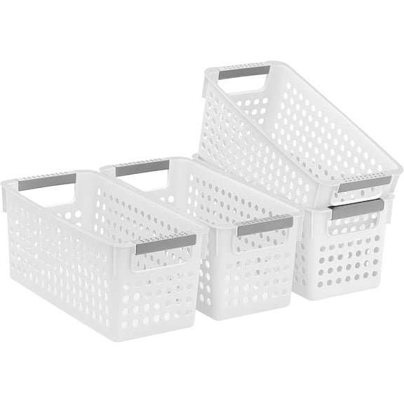 4 Pack Slim Plastic Storage Basket with Handles, Rectangular Storage Bins for Shelves,Narrow Organizer box for Organizing, Kitchen,Home,Office (White, Small)