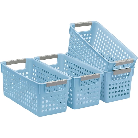 4 Pack Slim Plastic Storage Basket with Handles, Rectangular Storage Bins for Shelves,Narrow Organizer box for Organizing, Kitchen,,Office (Blue, Small)