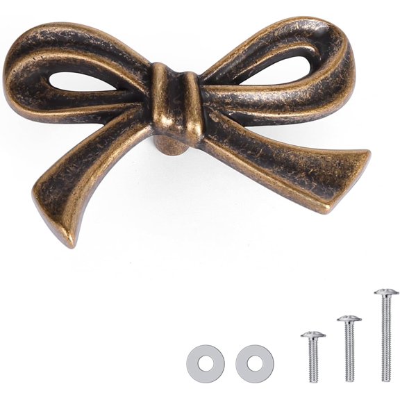 4 Pack Small Antique Brass Bronze Bow Dresser Cabinet Knobs, 1.7 Inches