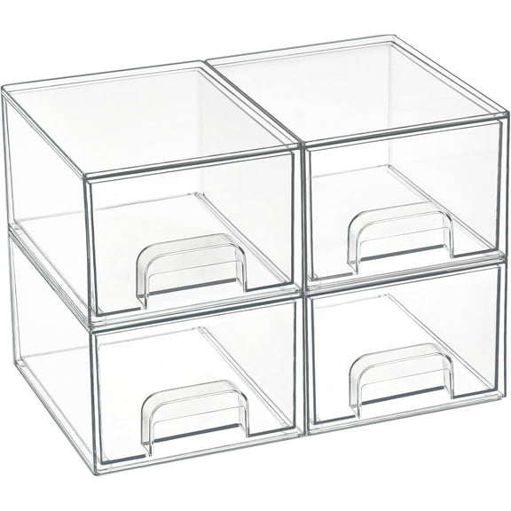 4 Pack Small Clear Stackable Storage Drawers,Acrylic Bathroom Makeup Organizer,Plastic Storage Bins For Vanity, Undersink, Kitchen Cabinets, Pantry, Home Organization
