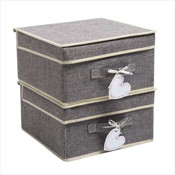 4 Pack Small Fabric Storage Box with Lids, Foldable Linen Storage Box with Lids 4 Pieces Gray&Linen Set 12.4in/12in/6.7in