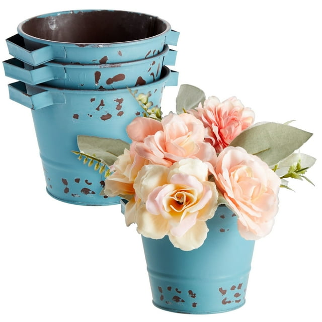 4 Pack Small Galvanized Buckets with Handles, Blue Metal Tin Planters
