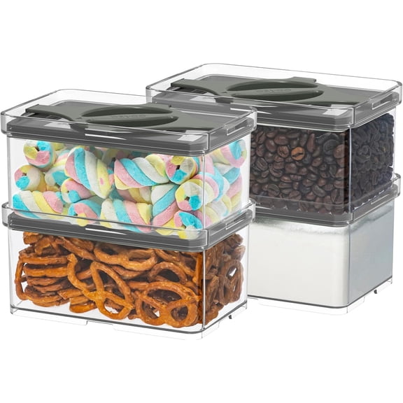 4-Pack Small Pantry Containers, 0.8 QT/0.76 L Clear SAN Storage Canisters with Twist-Lock , Stackable for Sugar, Bags, Seasoning, Nuts, Snacks (Black)