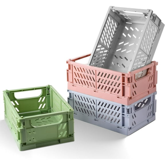 4-Pack Small Pastel Plastic Storage Baskets, Collapsible Crates for Organizing, Space-Saving Mini Bins for Classroom, Kitchen, Office, Bedroom (9.8" x 6.5" x 3.8")