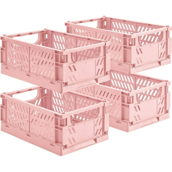 4-Pack Small Pastel Plastic Storage Baskets, Collapsible Crates for Organizing, Space-Saving Mini Bins for Classroom, Kitchen, Office, Bedroom (Pink, 9.8" x 6.5" x 3.8")