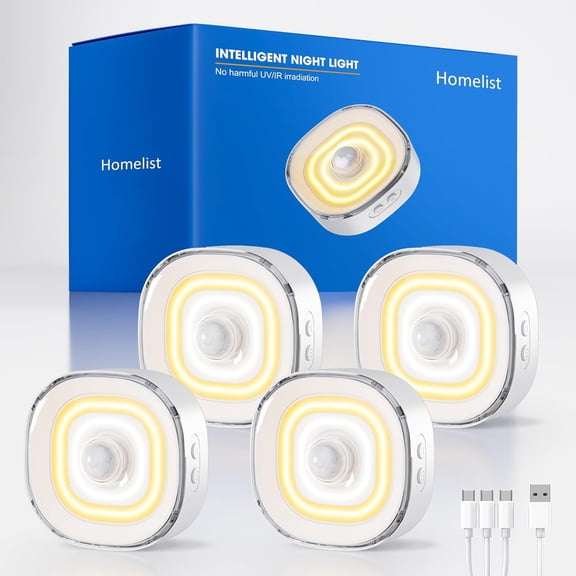 4 Pack Small Rechar able Motion Sensor Light, COB Light Source Puck Lights Rechar able, 100LM Motion Sensor Night Light for Bedroom Bedside, Cabinets, Kitchen Counter, Hallway, Stairs