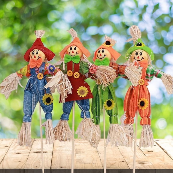4 Pack Small Scarecrow Halloween Decoration, Cute Rural Harvest Figure Set, Fall Garden Porch Party Props, Spooky Thanksgiving Home Decor