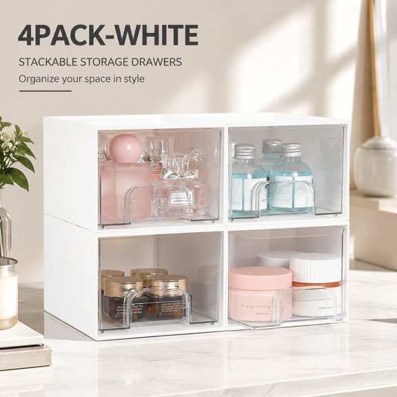 4-Pack Small Stackable Storage Drawers, Plastic Makeup Organizer for Bathroom, Vanity, Undersink, Kitchen Cabinets, Pantry Storage Bins