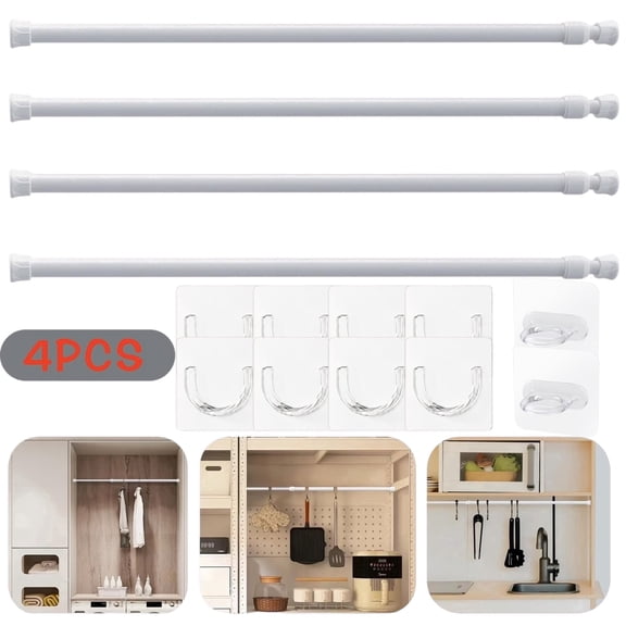 4 Pack Small Tension Curtain Rod with Self‑Adhesive Hooks and Retainer Clips, No Drill Spring Loaded Expandable Rod for Cabinet, Closet, Kitchen, Cupboard, Window, RV, 16-28 Inch, White