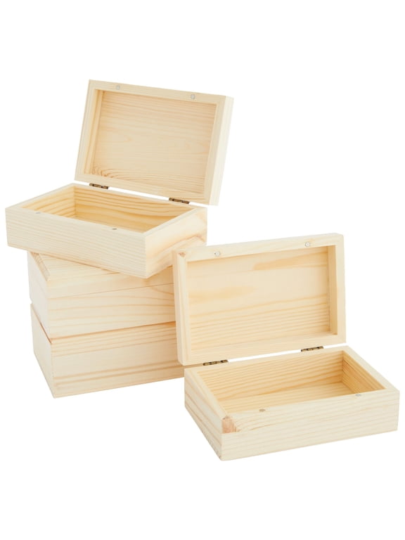 Wooden Boxes - 4 Pack, 5.5 x 3.5 x 2 in, Unfinished Pinewood - Wood Box with Hinged Magnetic Lid - DIY Crafts & Storage