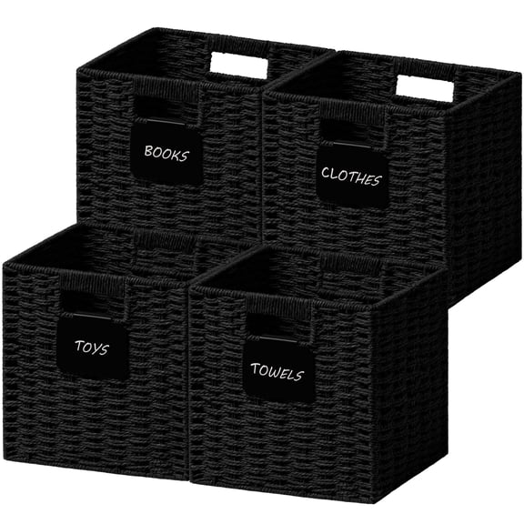 4 Pack Small Wicker Basket 9*9 Storage Cubes With Label Foldable Cube Bin Handle Square For Shelves Woven Paper Rope Organizing Black