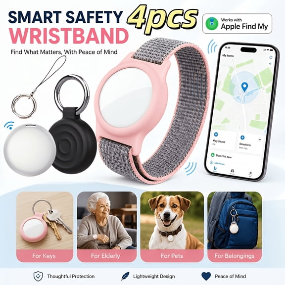 4 Pack Smart Anti-Lost Tracker Bracelets, Compatible with Apple Find My, Mini Wireless Key Finder, Adjustable Wristband for Keys Wallets Backpacks Luggage Pets