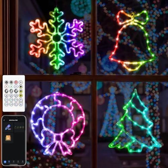 4 Pack Smart Christmas Window Lights with App & Remote Control, RGB DIY, 80 Scene Modes, Timer, Christmas Window Silhouette Lights Holiday Decor with Wreath, Snowflake, Bell & Tree$$Garden & Patio