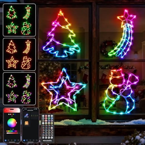 4 Pack Smart Christmas Window Lights, Window Silhouette Lights, Christmas Decorations Indoor,Custom & Preset Modes,APP Control Snowman, Meteor, Christmas Tree, Star for Door Glass$$