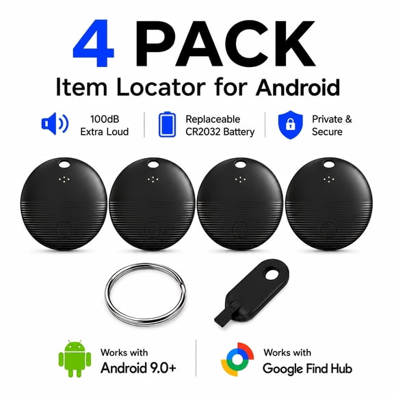 4-Pack Smart Item Tracker for Android 9+, Compatible with Find Hub, Replaceable Battery 100dB Anti-Loss Locator for Keys Wallet Luggage