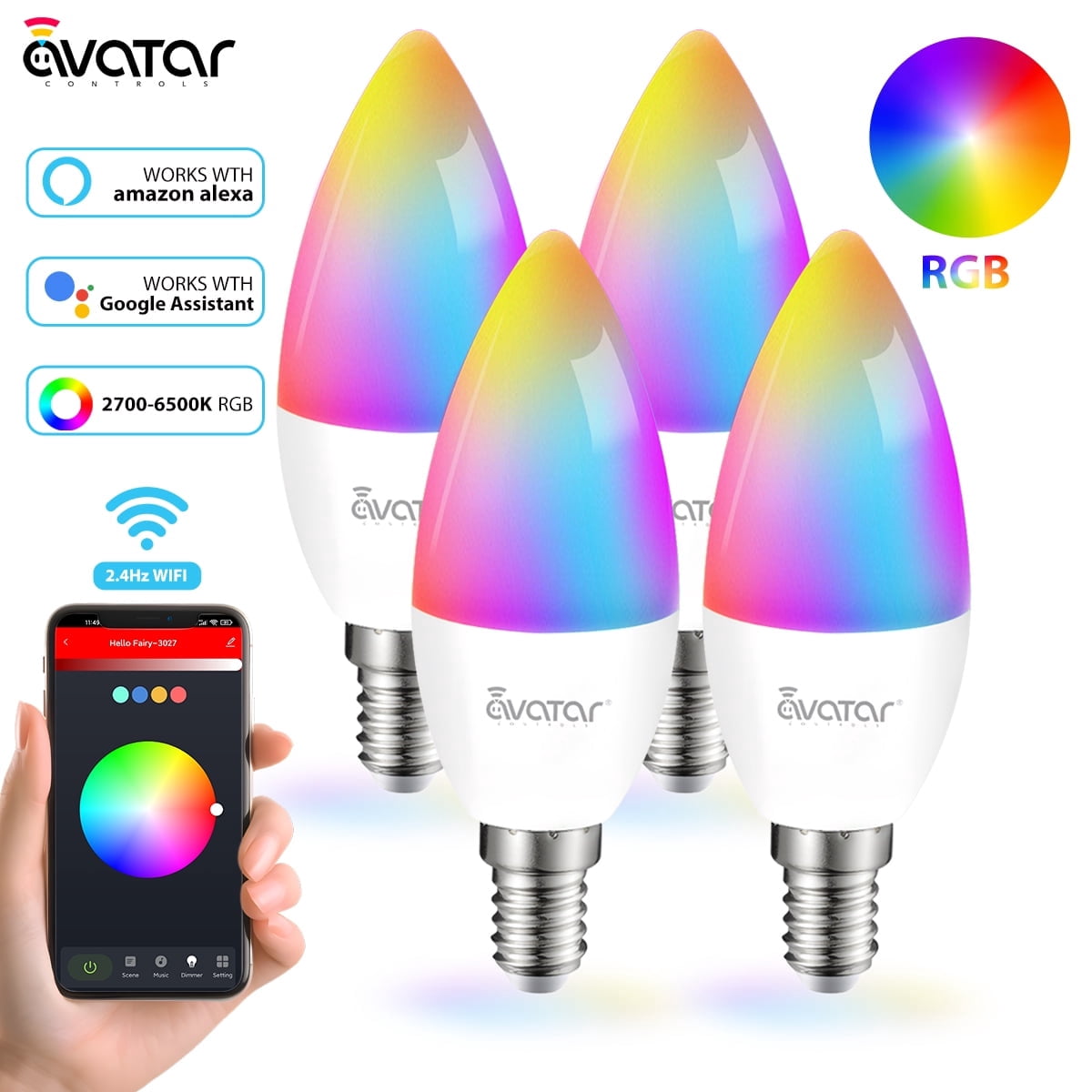 4 Pack E12 Smart WiFi LED Light Bulbs Music Sync RGB+CCT Color Changing Dimmable Candle Bulbs App & Voice Control Compatible with Alexa Google Home Timer & Group Control 2.4GHz WiFi