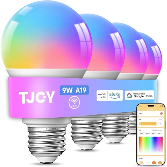 4 Pack Smart Light Bulbs, Bluetooth WiFi Led Bulb Work with Alexa &Google Assistant, RGB Color Changing Alexa Bulbs, Music Sync, 2700K-6500K, 9W(60W Equivalent), A19 E26 800LM, 2.4Ghz WiFi only