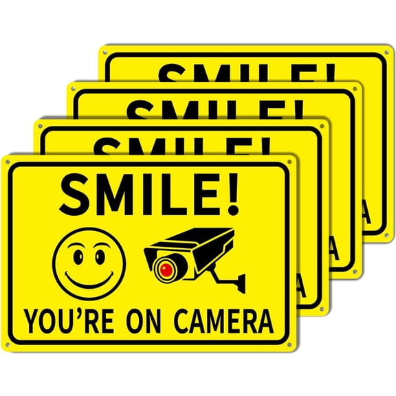 4-Pack Smile You're On Camera Signs 8"x12" Rust Free Aluminum Video Surveillance Sign Outdoor, with UV Printed - Smile Your On Camera Signs for Home, Business, Yard and CCTV