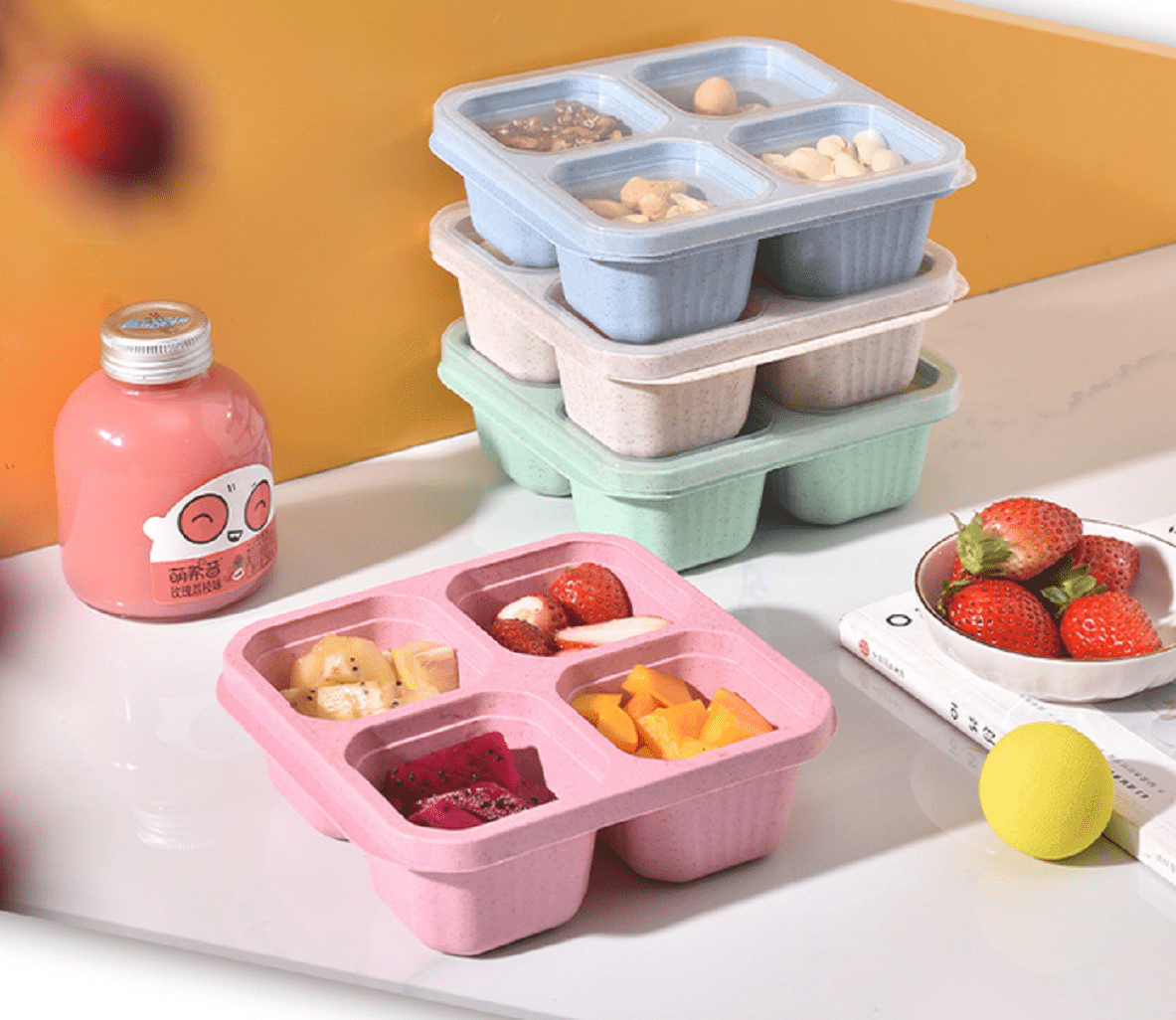 4 Pack Snack Containers, 4 Compartments Bento Snack Box, Reusable Meal Prep Lunch  Containers for Kids Adults, Divided Food Storage Containers for School Work  Travel 