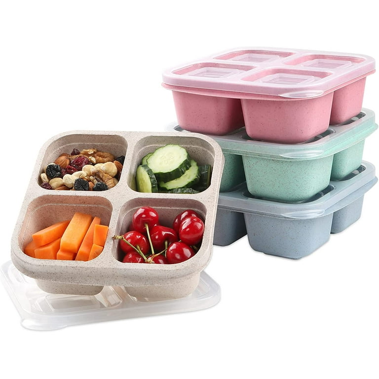 8 Pack Bento Lunch Box, 4 Compartment Meal Prep Containers for Kids Adults,  Stackable Reusable Wheat Straw Snack Box, Divided Food Storage Container  for School Work Travel Camp, Free