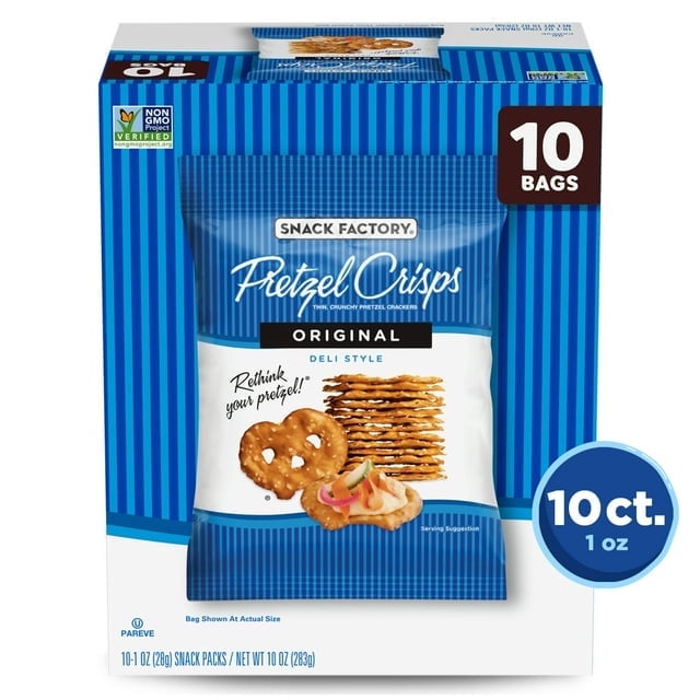 (4 Pack) Snack Factory Pretzel Crisps, Original, 1 oz Snack Bags, 10 Ct