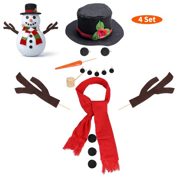 4-Pack Snowman Craft Kit for Kids – 16-Piece DIY Christmas Decoration Set with Hats, Scarves, Carrot Noses for Outdoor Yard Snowman Building