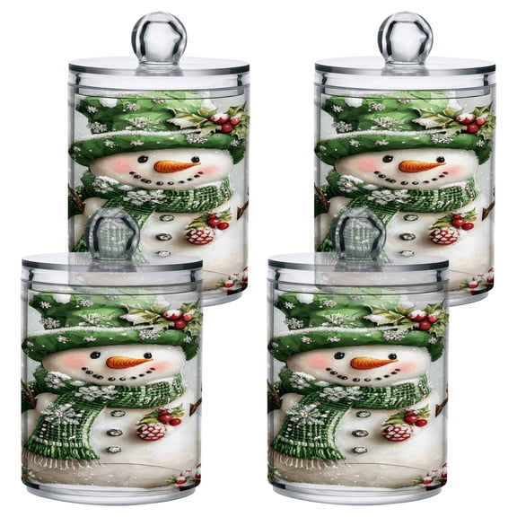 4 Pack Snowman with Lamp Qtip Holder Dispenser Clear Plastic Storage Apothecary Jars for Cotton Swabs Balls Pads Floss