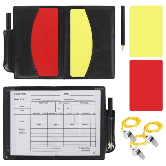 4 Pack Soccer Referee Card Set, Red and Yellow Warning Cards, with Metal Whistle, Record Paper, Pencil, Card Storage Wallet, Soccer Referee Kit for Football Matches, Training, Sports Games