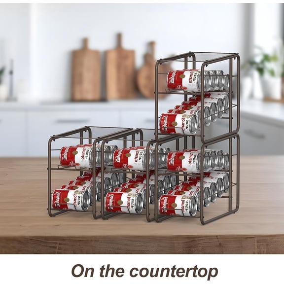 4 Pack Soda Can Organizer, Stackable Metal Can Dispenser for Pantry, Automatic Rolling Canned Food Organizer for Cabinet and Countertop, Brown