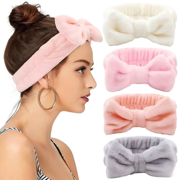 4 Pack Soft Microfiber Spa Headband, Elastic Bow Makeup Hair Band for Face Washing