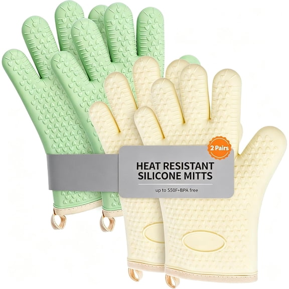 4 Pack Soft Oven Mitts,550F Heat Resistant Cooking Safety Gloves,BBQ Gloves Heat Resistant,Thick Lining,Non-Slip 5 Finger Kitchen Hot Mitts for Baking(Green+White)
