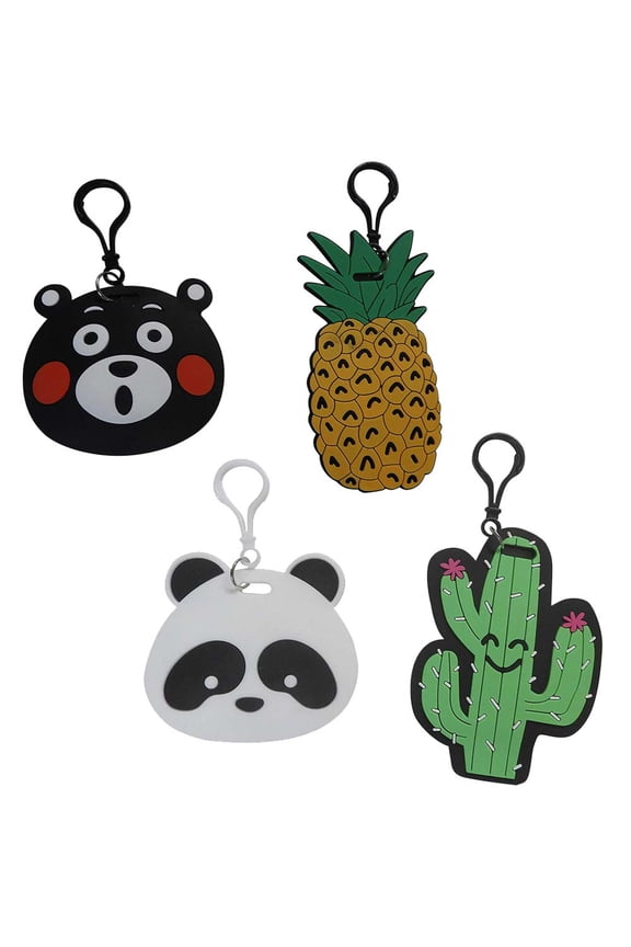 4-Pack Soft PVC Carabiner Cactus, Panda, Pineapple, Bear School Bags Luggage Tag Irresistibly Comfortable for Kids.