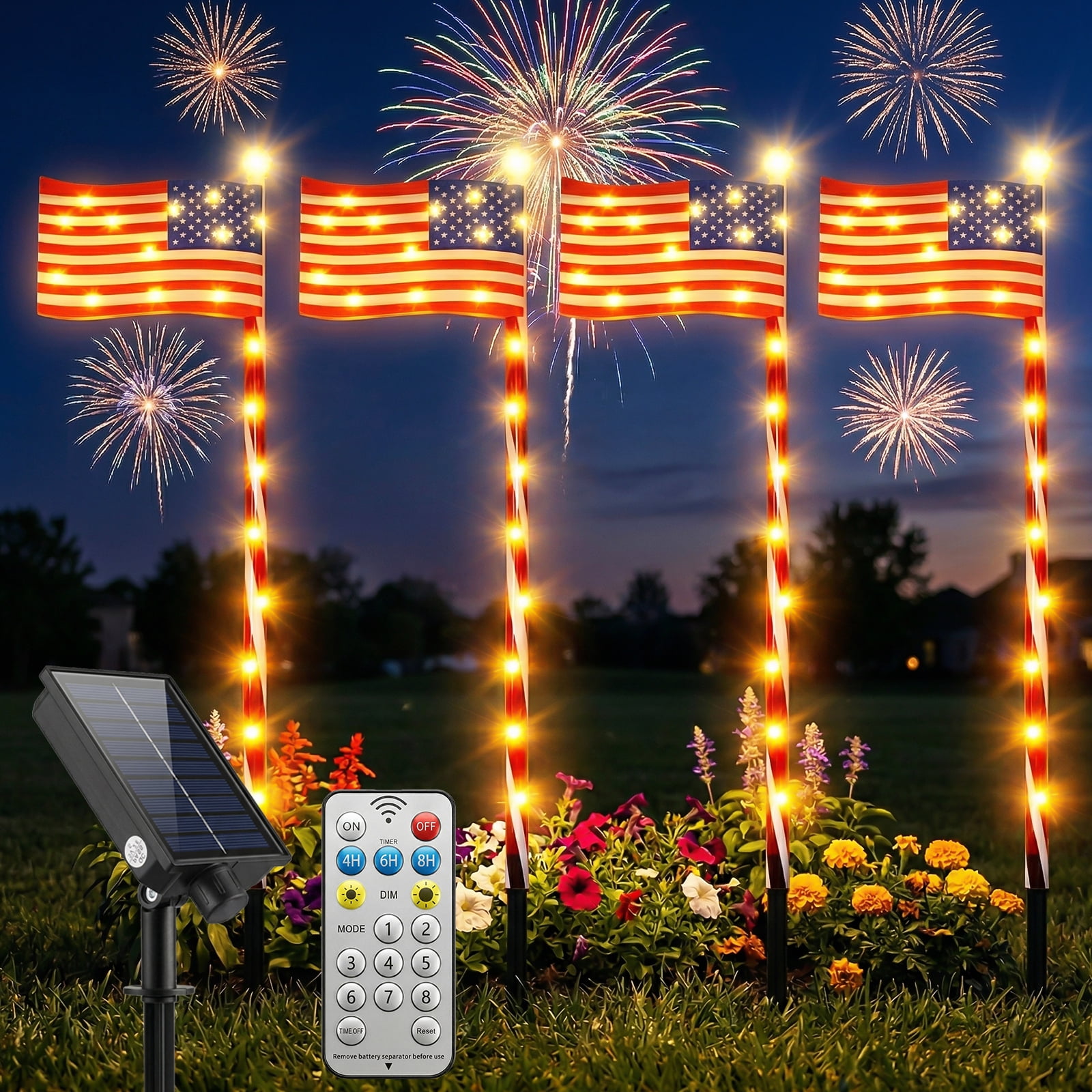 4 Pack Solar American Flag Lights Outdoor LED Patriotic Flag Stake Lights with Remote 2 Modes Dimmable Rechargeable 4th of July Decorations for Yard Garden Lawn America 250