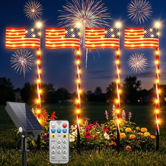 4 Pack Solar American Flag Lights Outdoor LED Patriotic Flag Stake Lights with Remote 2 Modes Dimmable Rechargeable 4th of July Decorations for Yard Garden Lawn America 250