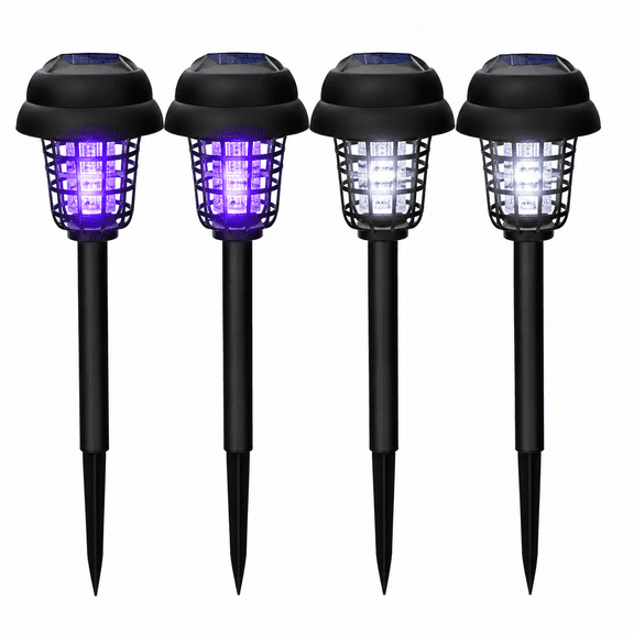 4 Pack Solar Bug Zapper Outdoor Pathway Lights, 2-in-1 Solar Bug Zapper with LED Garden Light, Water Resistant Solar Powered Stake Light for Yard, Walkway, Patio, Flower Bed