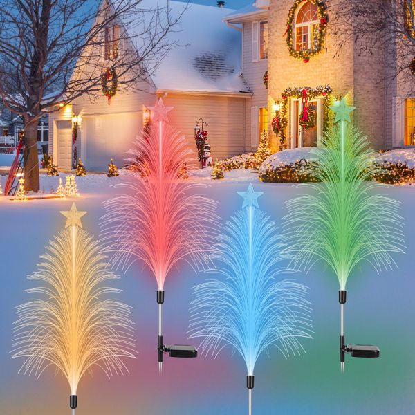 4-Pack Solar Christmas Tree Lights, 7-Color Gradient, IP44 Waterproof Stainless Steel, 8-10H Runtime, Year-Round for Garden/Patio/Lawn