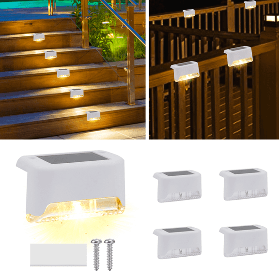 4 Pack Solar Deck Lights Outdoor Small Waterproof LED Step Lamp Outside Decoration Lighting for Stairs, Railing, Fence, Patio, Pool, Balcony, Retaining Wall, Patio, No Drill Instal(White Shell)