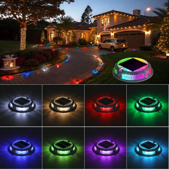 4 Pack Solar Driveway Lights Outdoor , RGB Colors Solar Deck Dock Lights Outdoor Waterproof IP68, 3 Dynamic Light Modes, Driveway Marker for Warning Stair, Boat Dock, Step, Walkway, Patio Decor