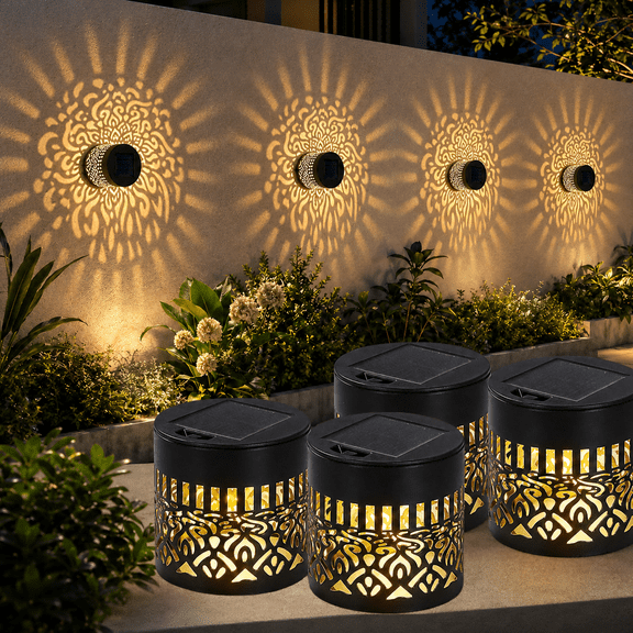 Kidsjoy Solar Mandala Lights Outdoor 4 Pack, Warm Yellow Waterproof Metal Wall Lights for Fence Garden Patio Yard